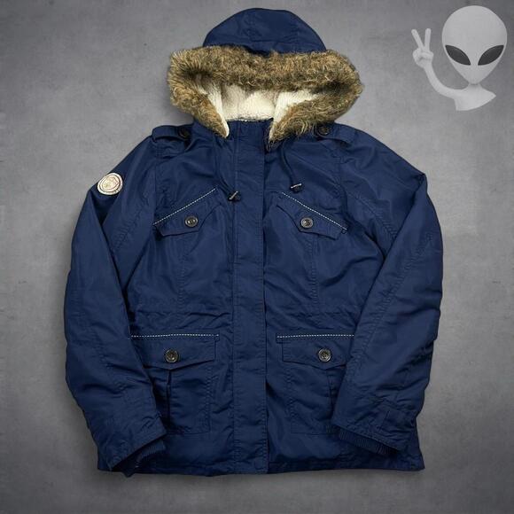 U.S. Polo Assn. Jackets & Blazers - U.S. Polo Assn Sherpa Fleece Lined Parka Jacket Womens L Navy Faux Fur Hood